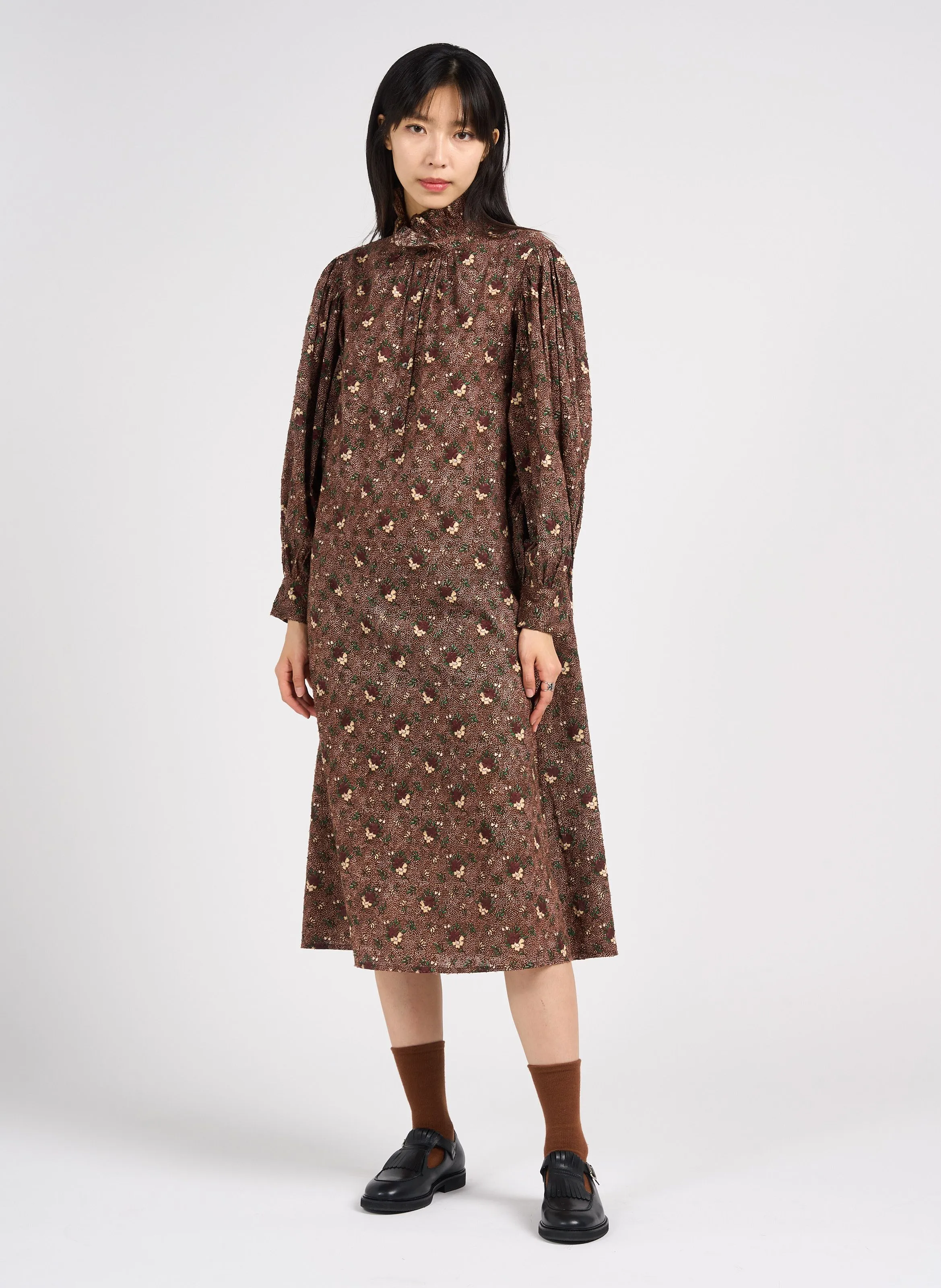 ANTIK BATIK PADDY - Vestido largo recto cuello alto de algodón en marron