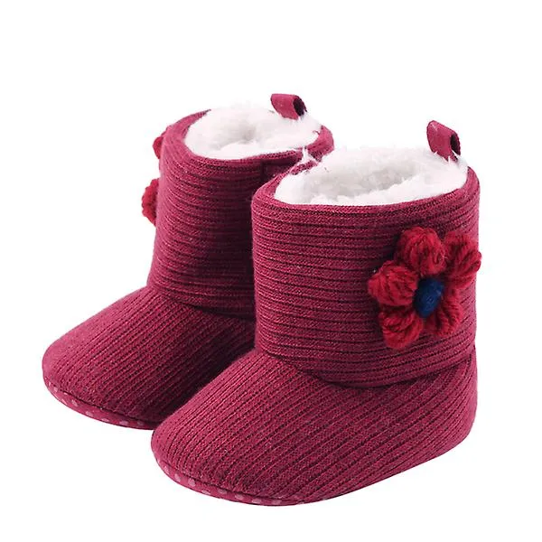 Baby Snow Boots Thicken Plush Winter Warm Snow Boots Knitting Wool Flower Decorative Prewalker Baby Shoe (deep Red 13cm Style)