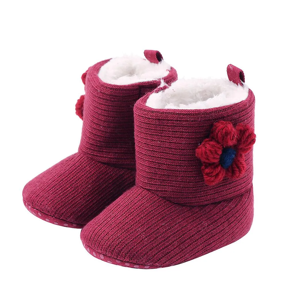 Baby Snow Boots Thicken Plush Winter Warm Snow Boots Knitting Wool Flower Decorative Prewalker Baby Shoe (deep Red 13cm Style)