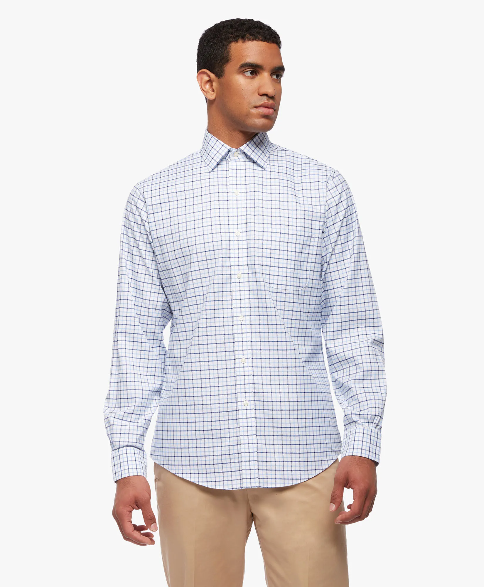 Camisa azul regular fit non-iron de algodón elástico con cuello ainsley