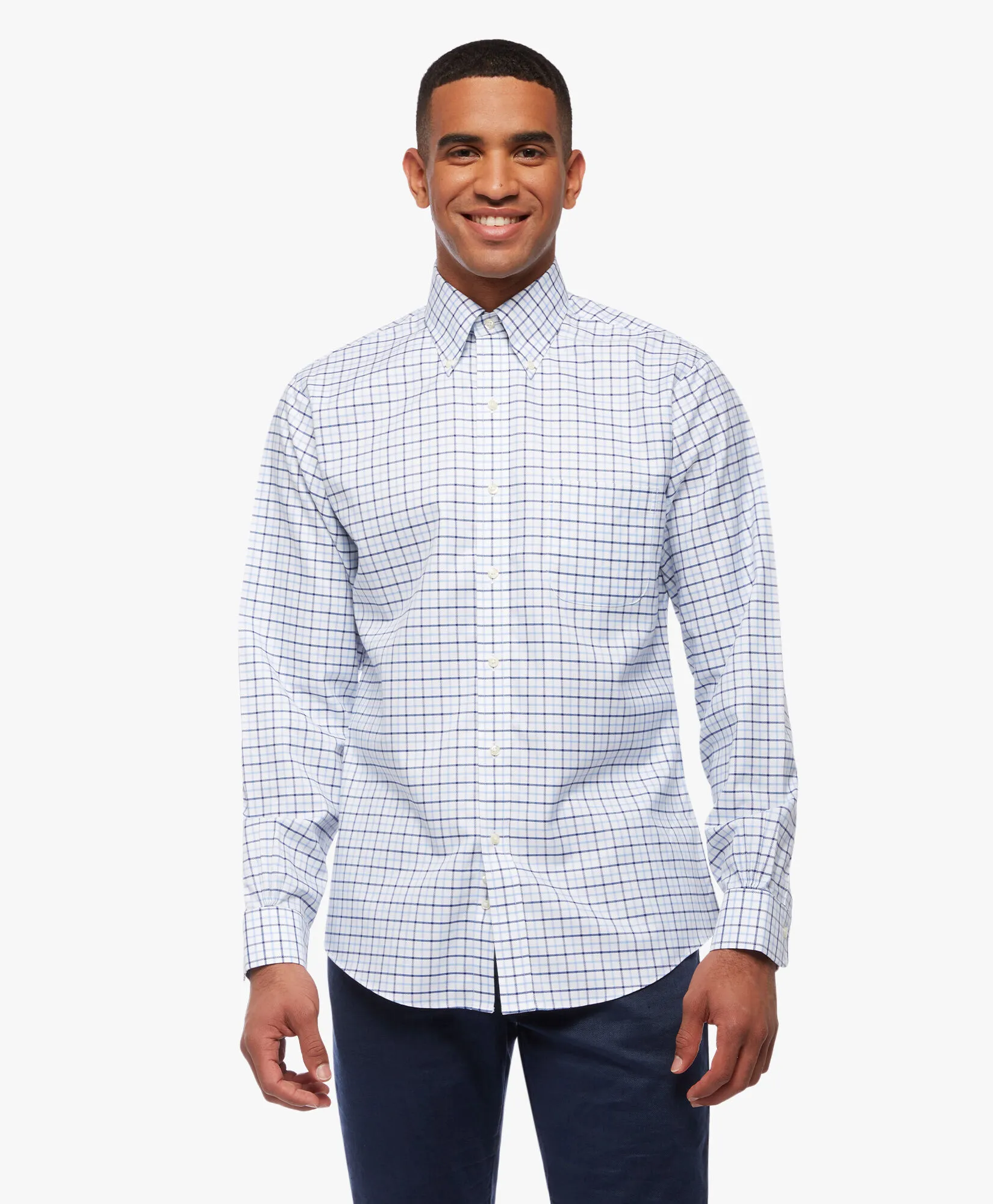 Camisa azul regular fit non-iron de algodón elástico con cuello button down