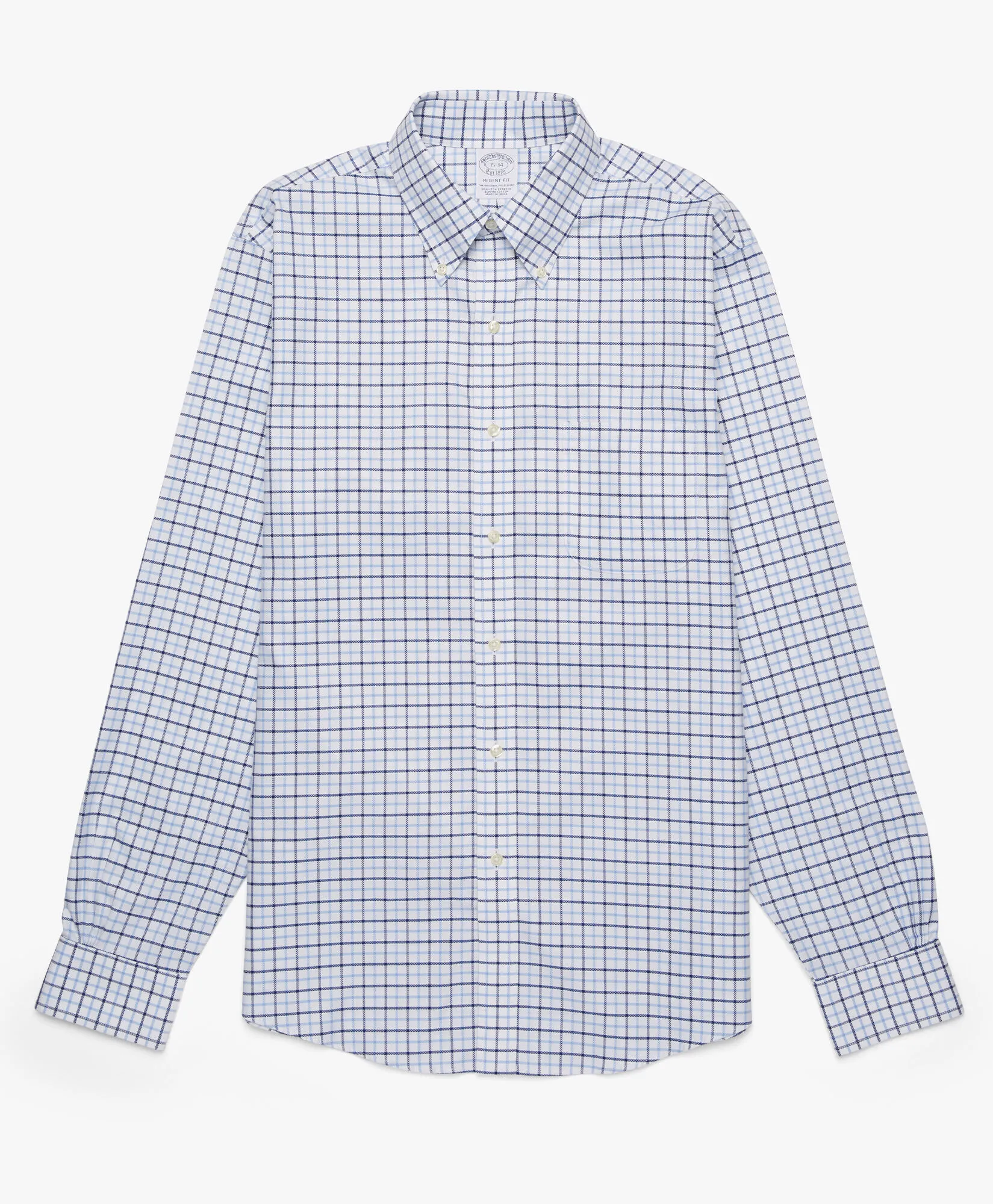 Camisa azul regular fit non-iron de algodón elástico con cuello button down