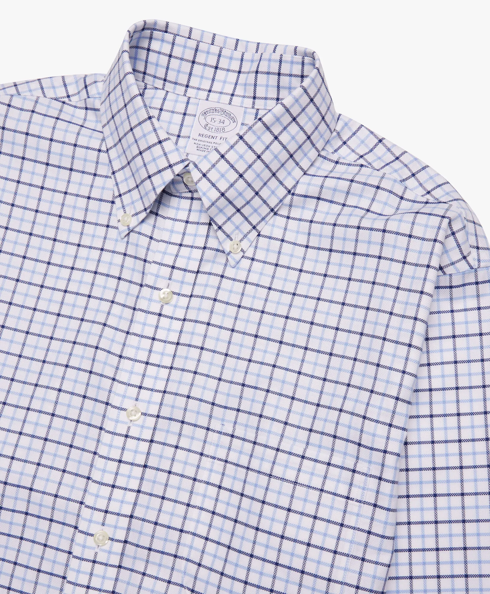 Camisa azul regular fit non-iron de algodón elástico con cuello button down