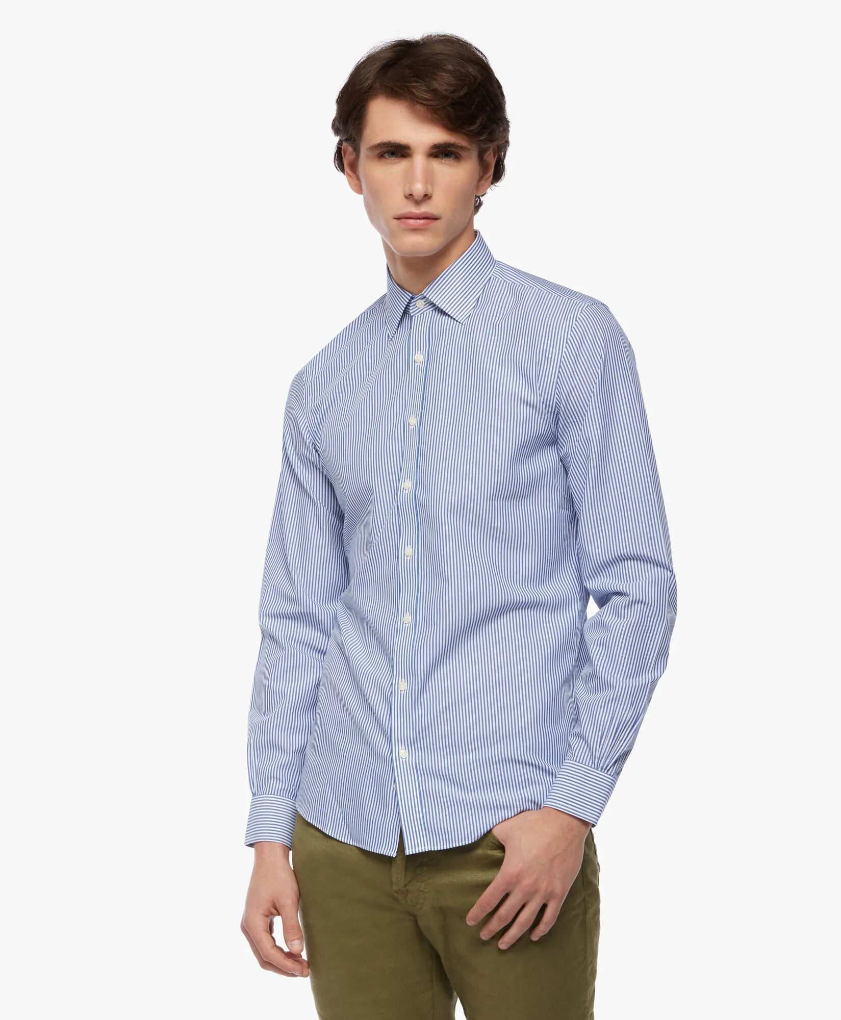 Camisa azul slim fit non-iron de algodón elástico con cuello ainsley