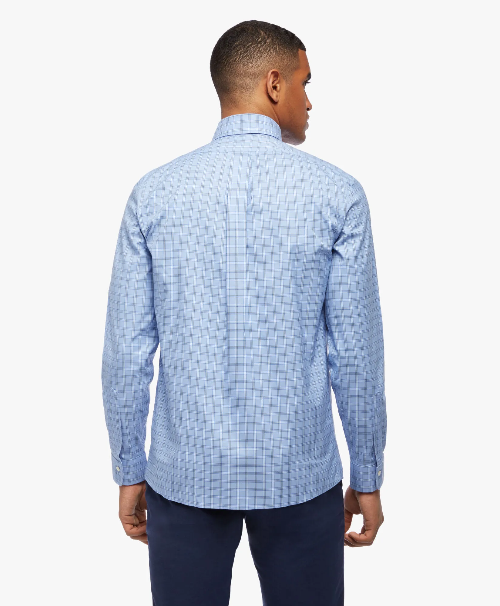 Camisa azul slim fit non-iron de algodón elástico con cuello button down