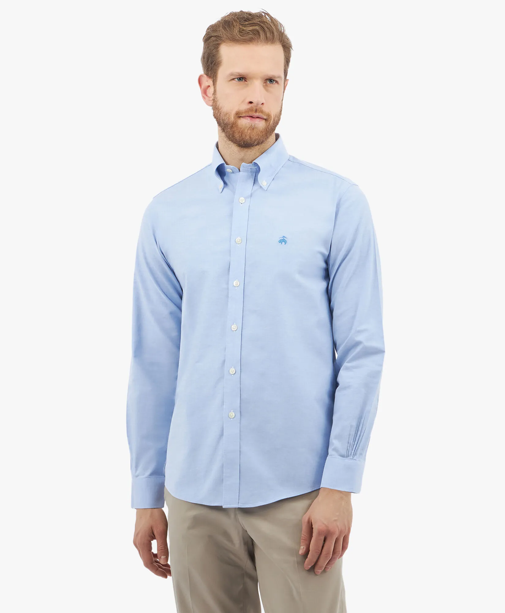 Camisa de algodón elástico azul non-iron corte regular con cuello button down