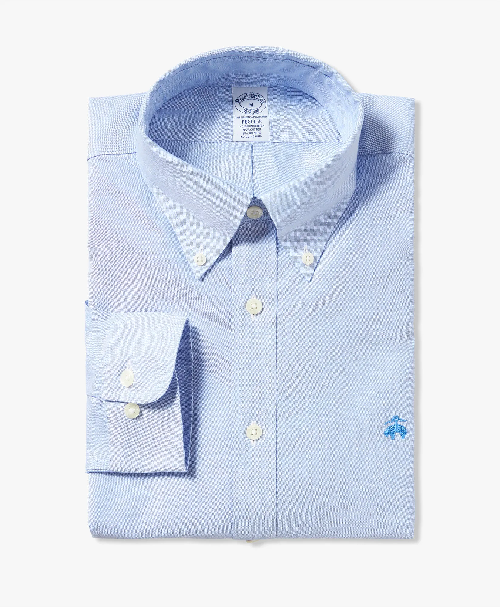 Camisa de algodón elástico azul non-iron corte regular con cuello button down