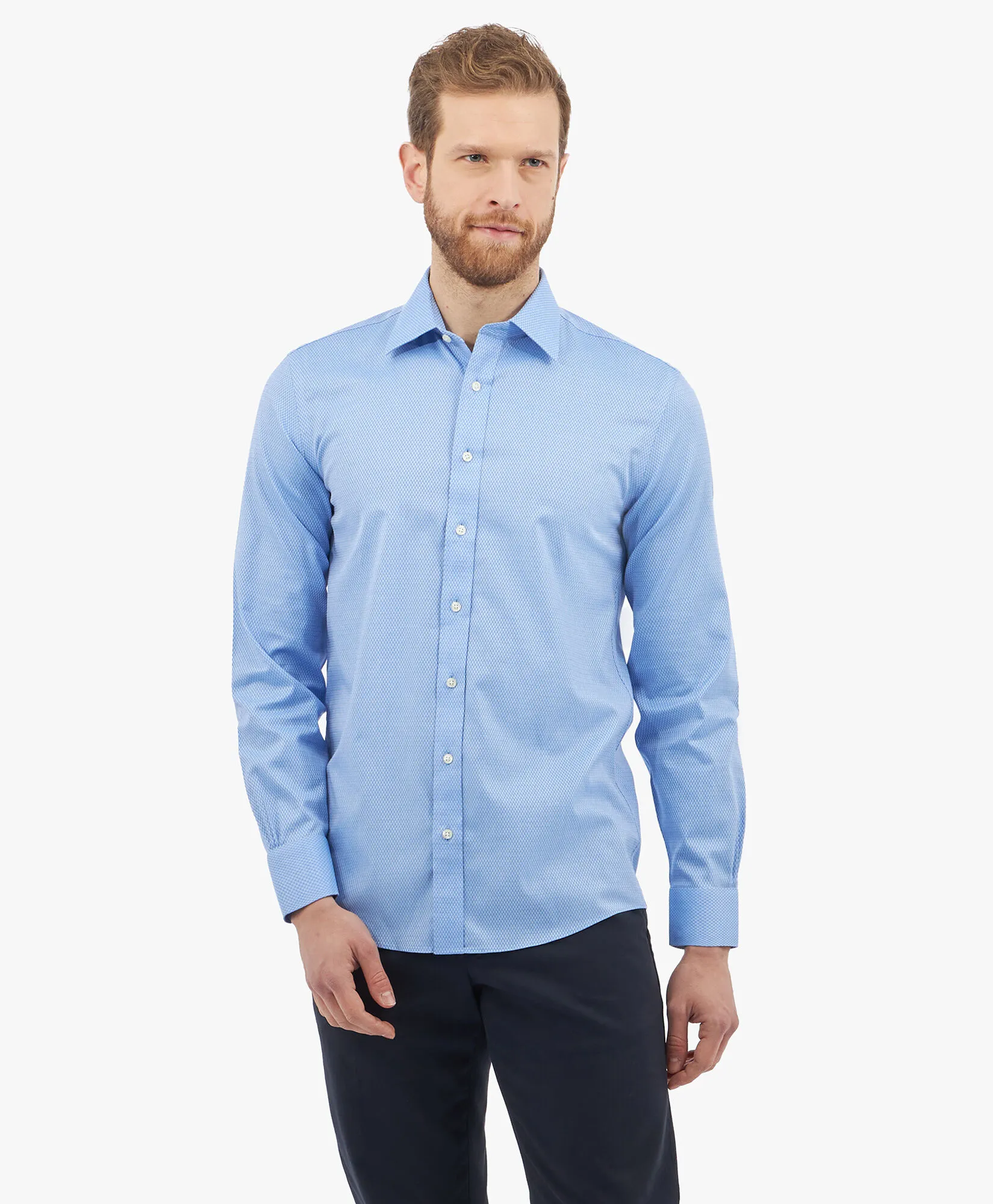 Camisa de algodón elástico azul non-iron corte slim con cuello Ainsley