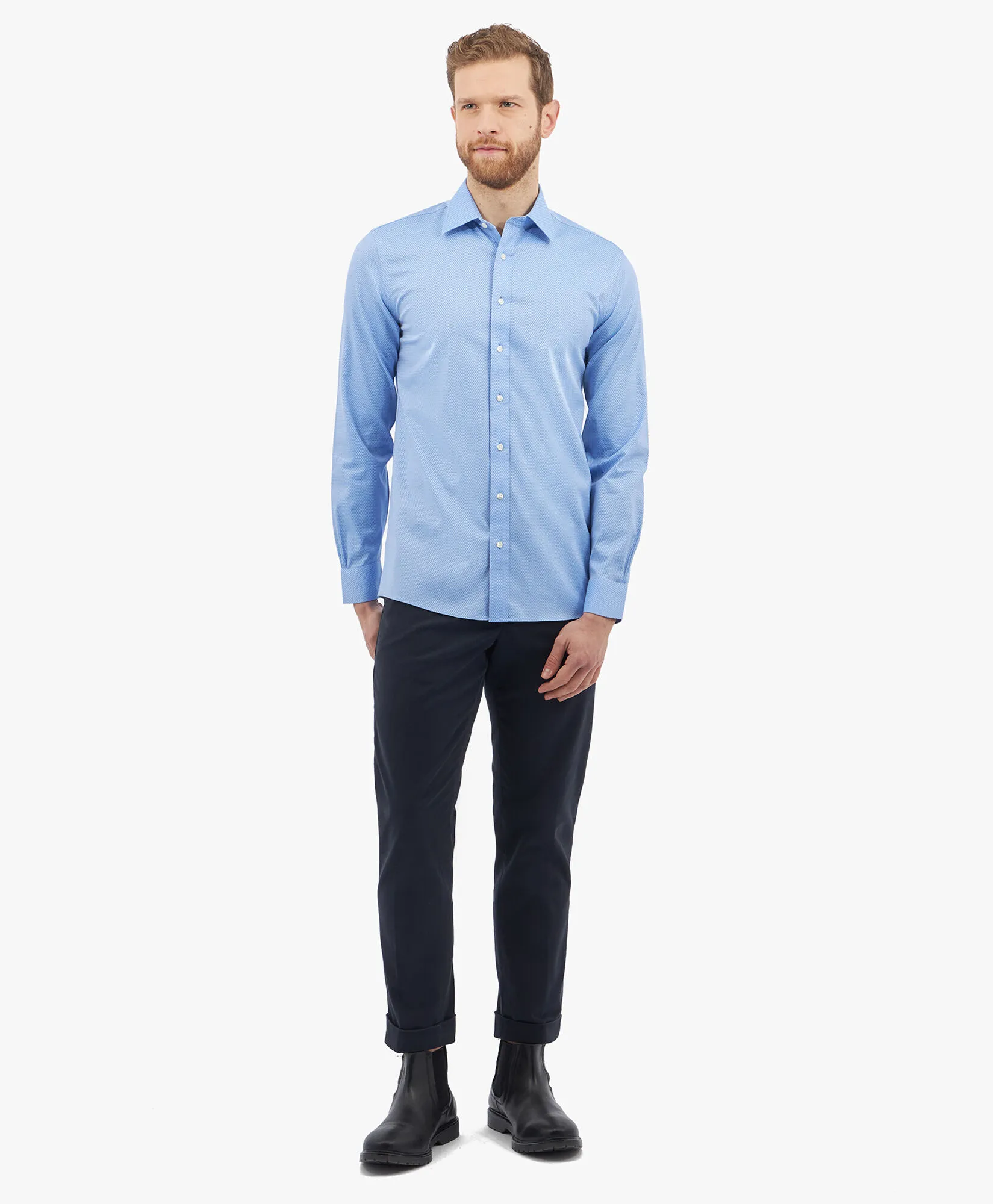 Camisa de algodón elástico azul non-iron corte slim con cuello Ainsley