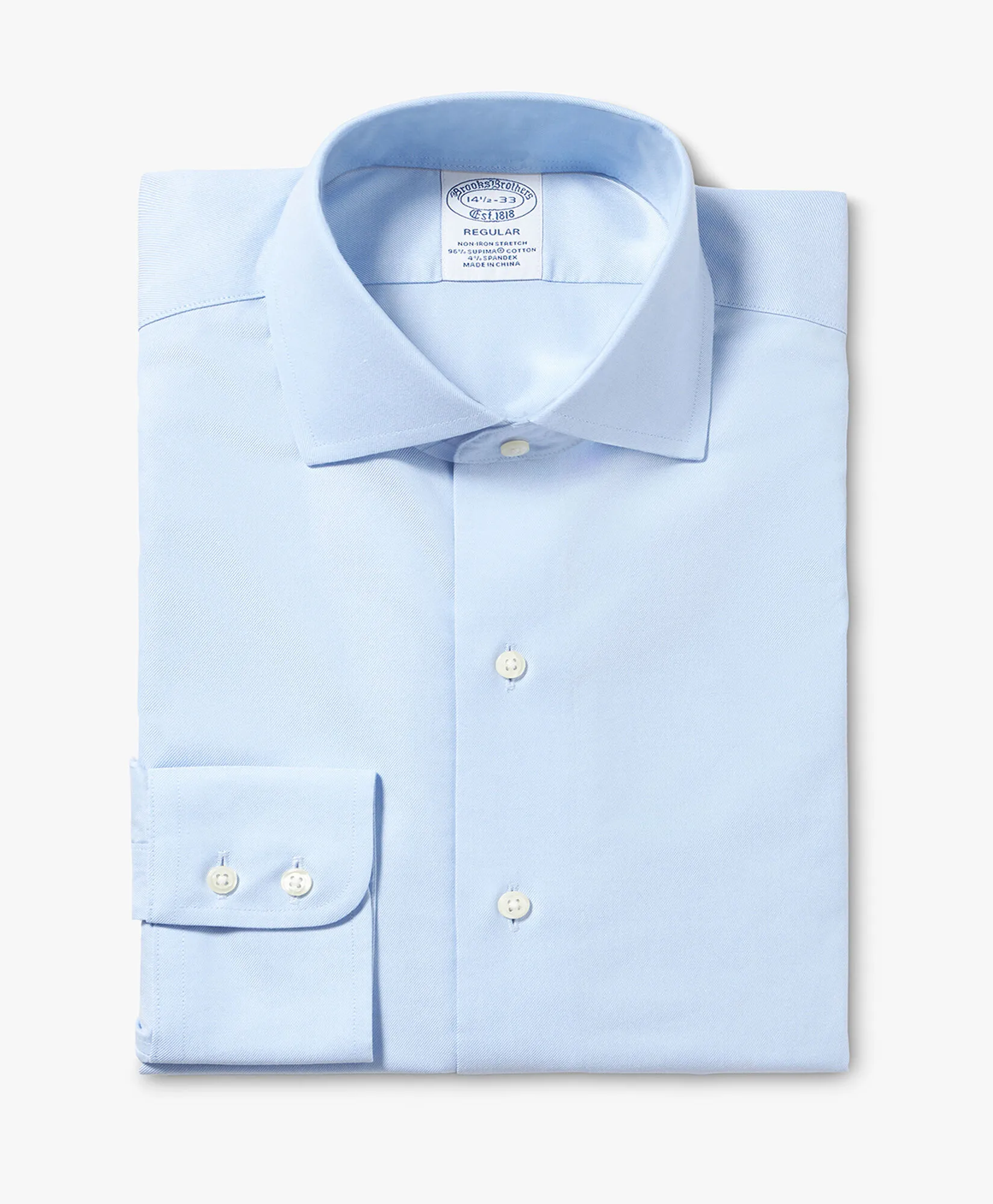 Camisa de algodón elástico azul pastel non-iron corte regular con cuello inglés abierto