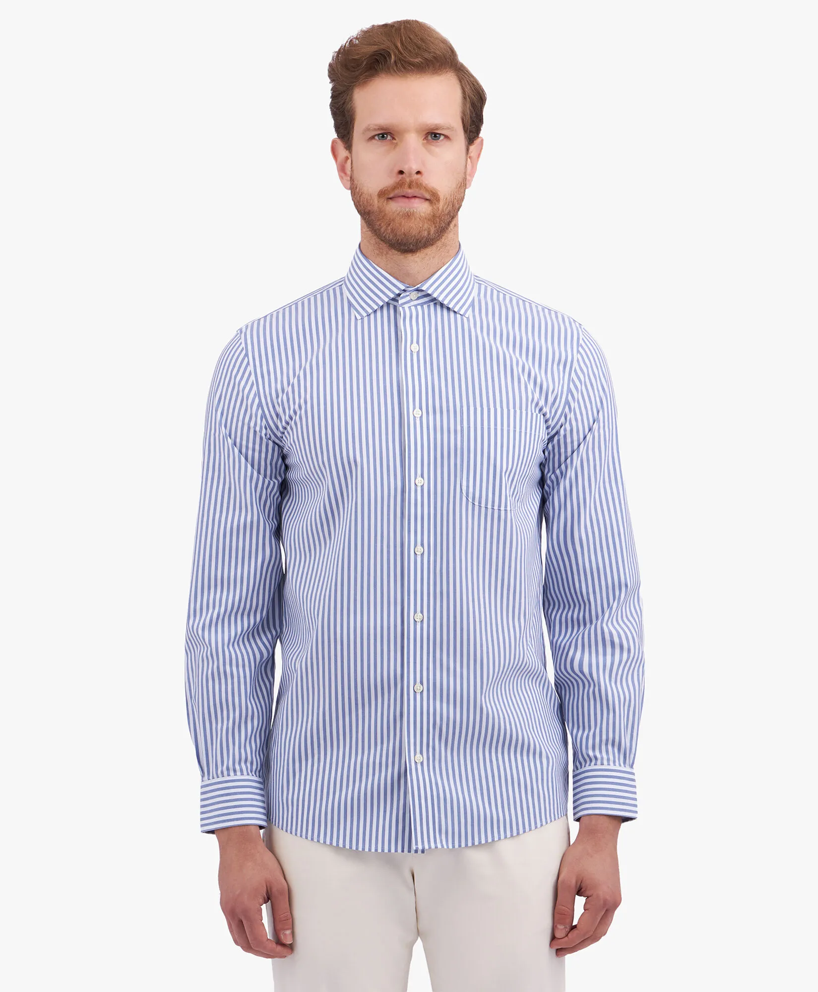 Camisa de vestir de algodón Supima elástico azul marino non-iron corte slim con cuello inglés abierto