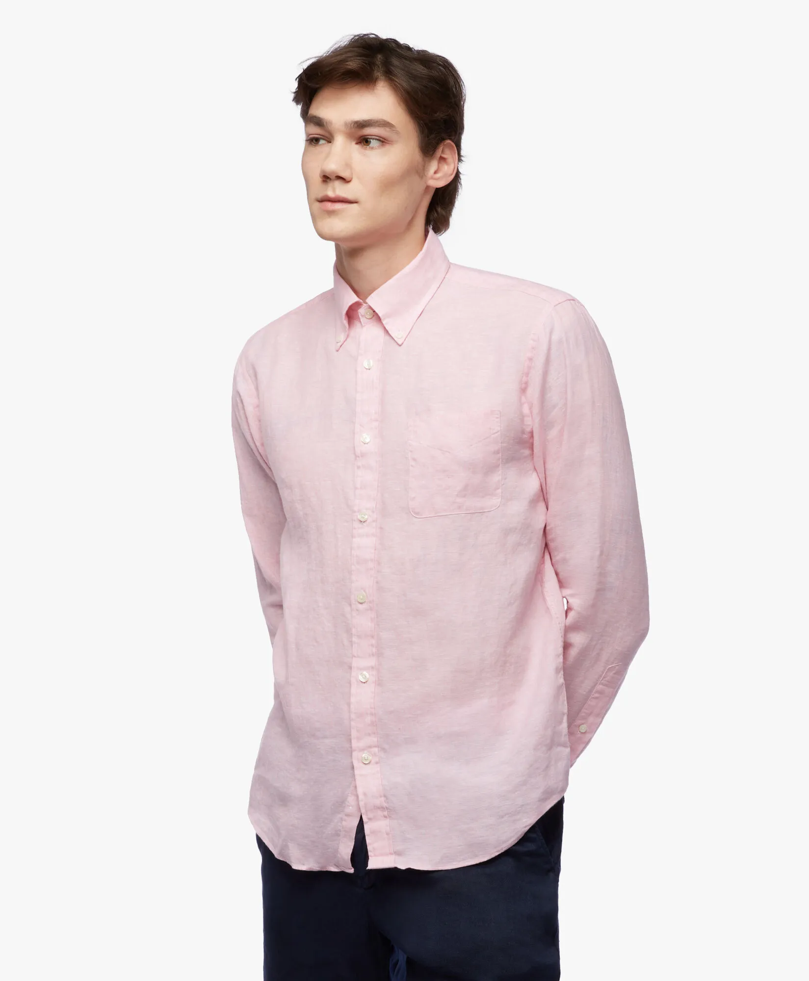 Camisa informal para hombre rosa pastel de corte regular en lino irlandés