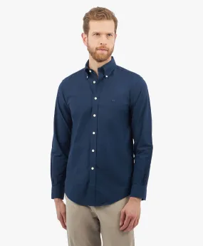 Camisa non-iron de algodón elástico azul corte Regular con cuello button down