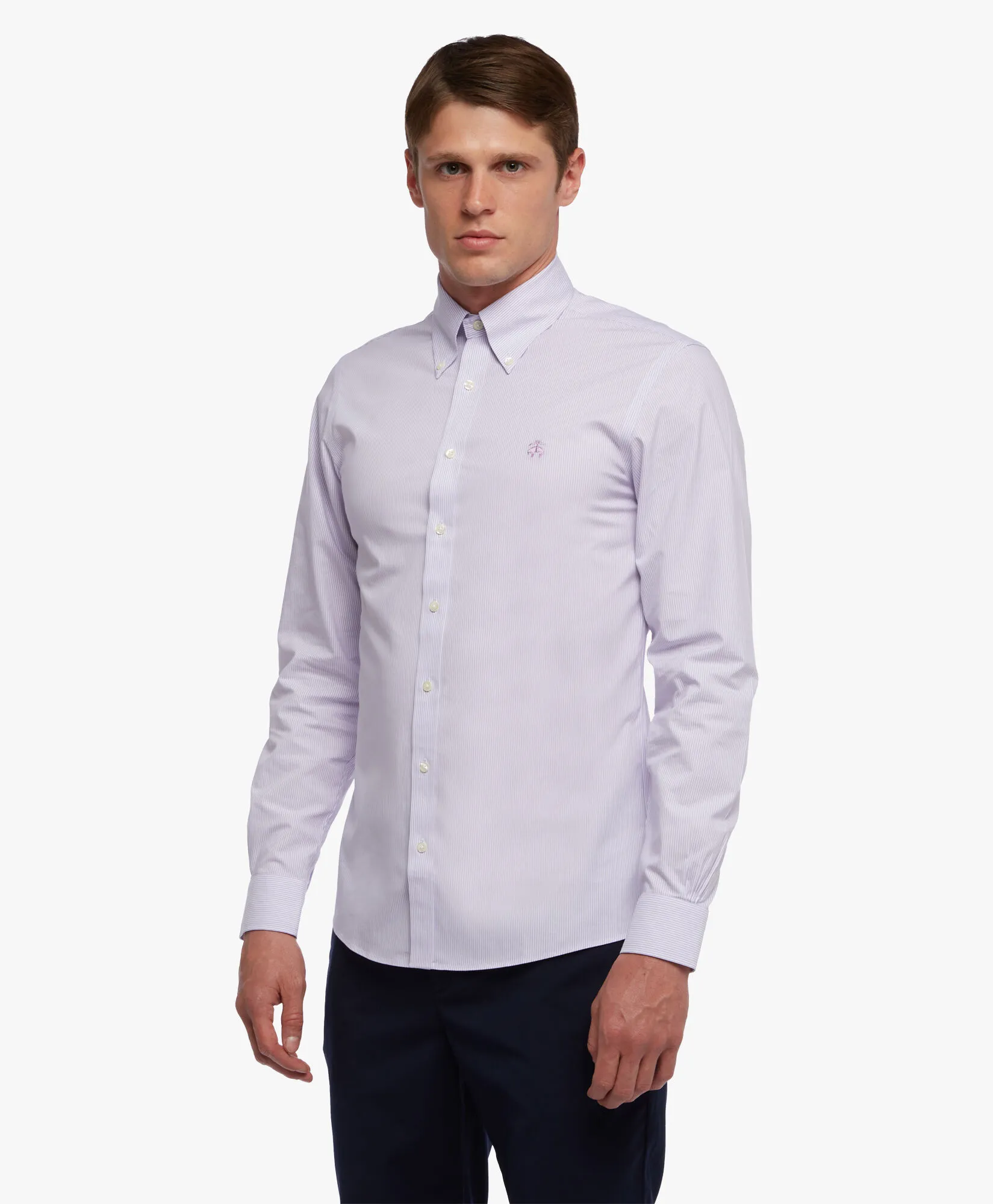 Camisa violeta pastel slim fit non-iron de algodón elástico con cuello button down