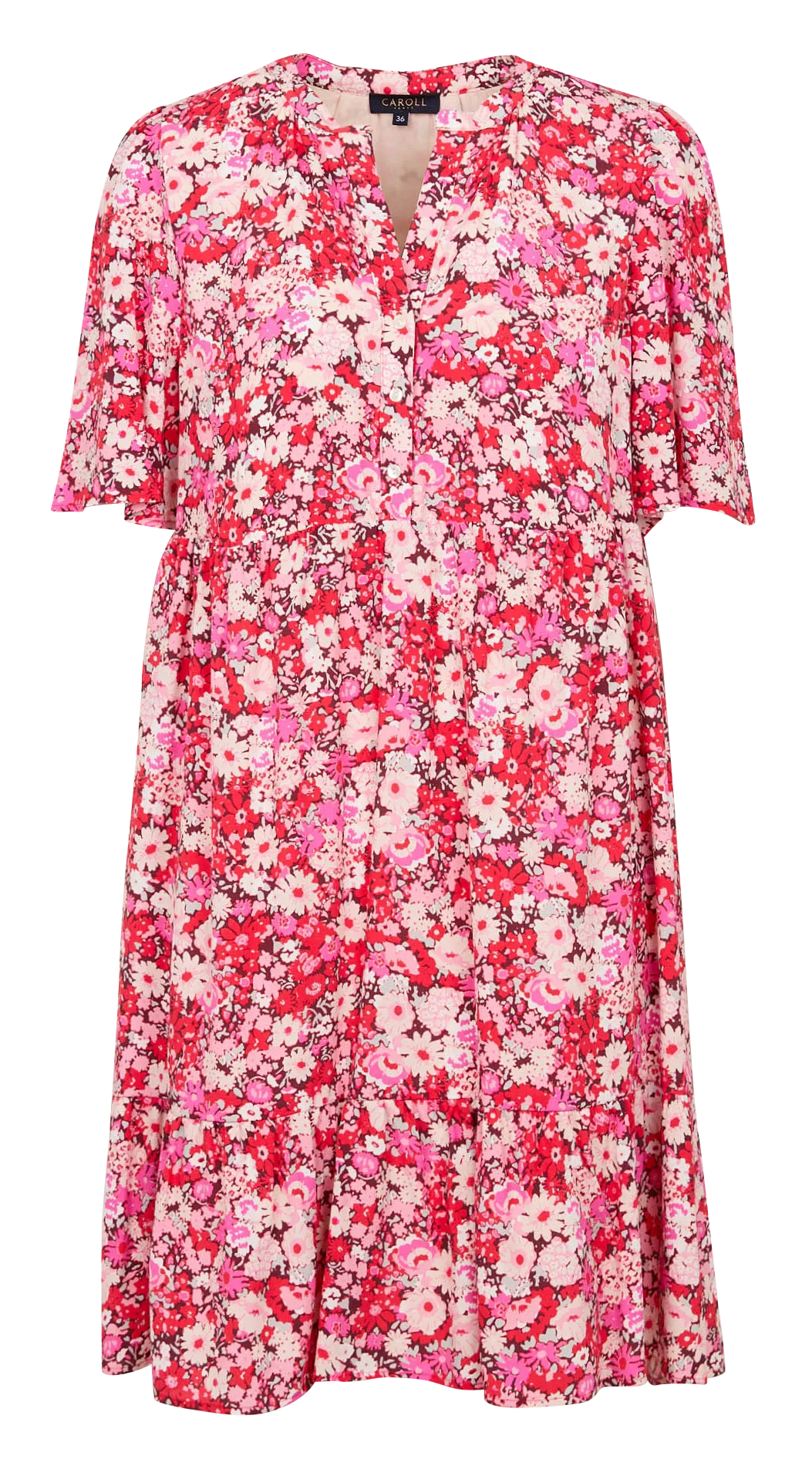 CAROLL RITTA1 - Vestido midi con cuello de pico y estampado floral en rosa