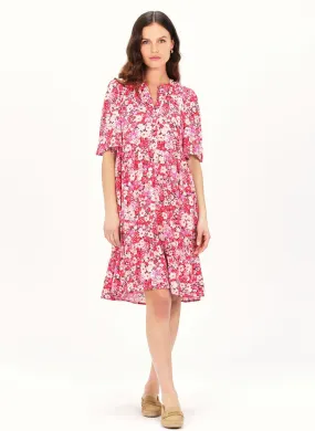 CAROLL RITTA1 - Vestido midi con cuello de pico y estampado floral en rosa