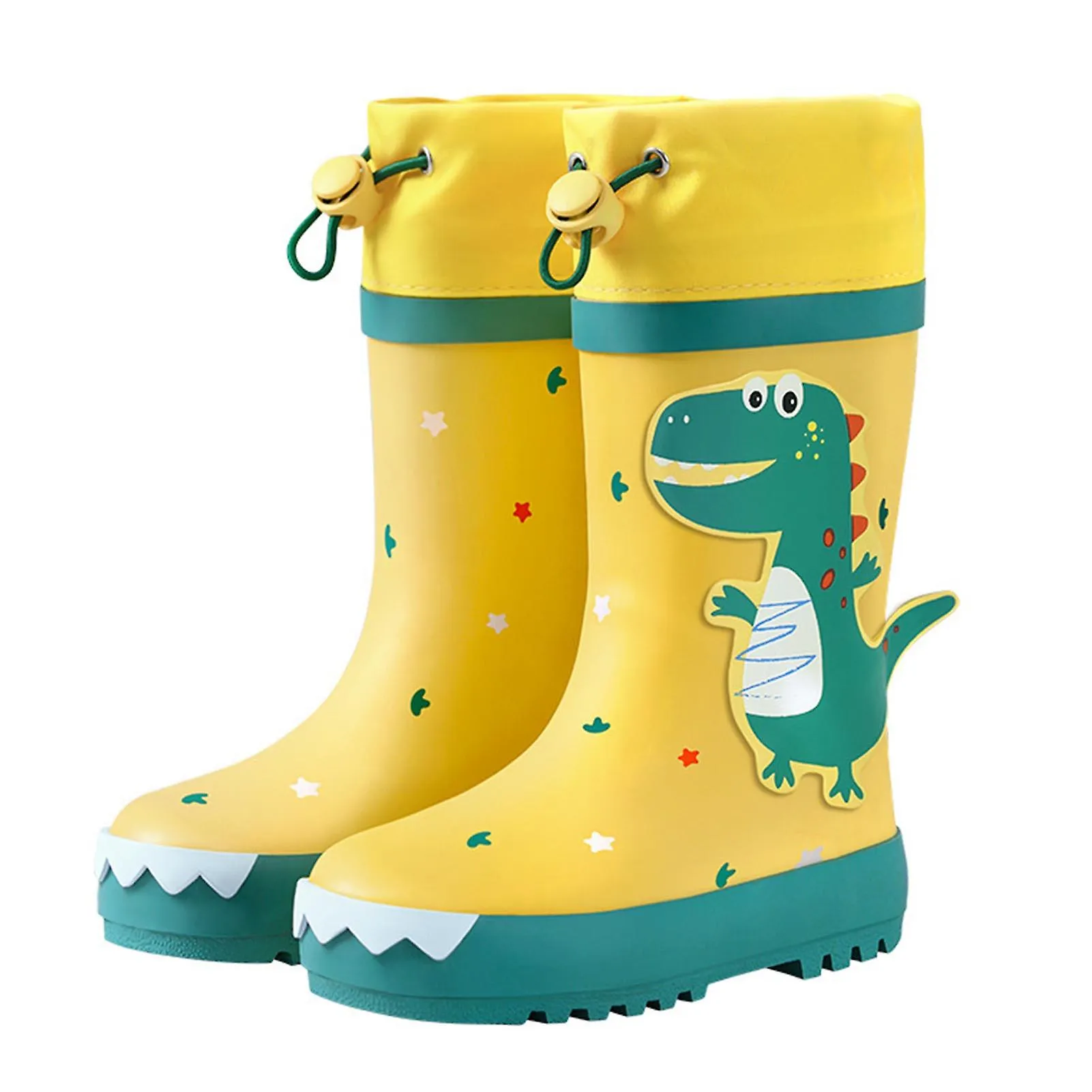 Kids Rain Boots Slip Resistant Cartoon Dinosaur Waterproof Rubber Children Tall Rain Shoes for Boys Girls Yellow and Green Dinos