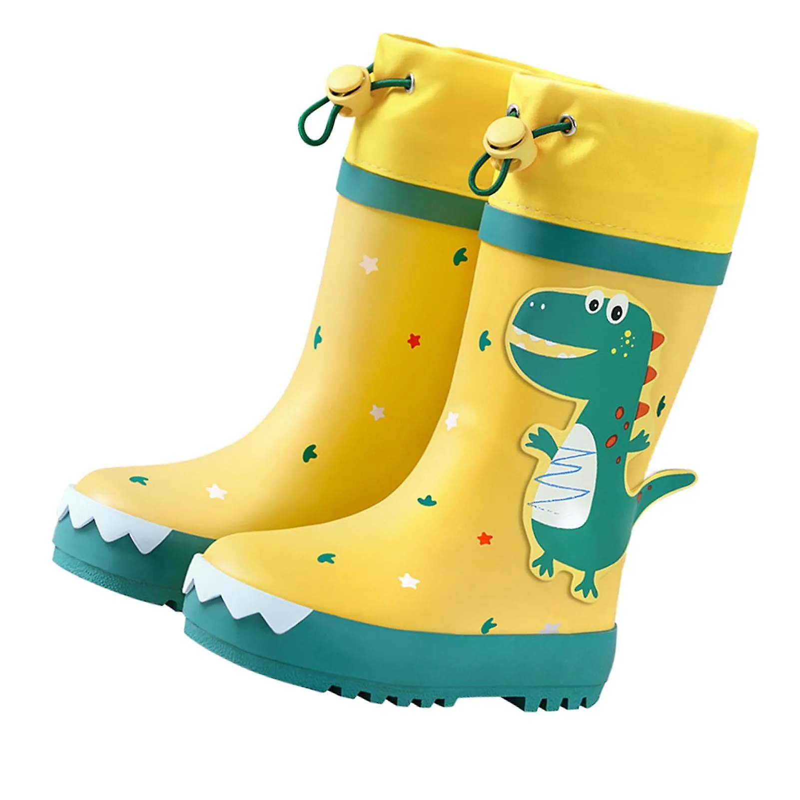 Kids Rain Boots Slip Resistant Cartoon Dinosaur Waterproof Rubber Children Tall Rain Shoes for Boys Girls Yellow and Green Dinos