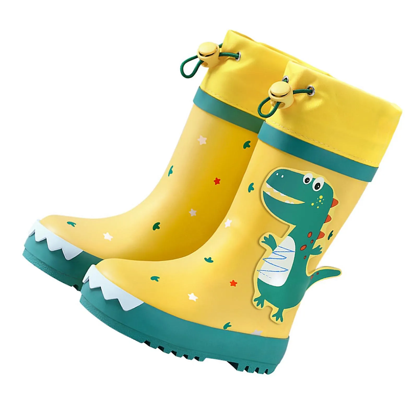 Kids Rain Boots Slip Resistant Cartoon Dinosaur Waterproof Rubber Children Tall Rain Shoes for Boys Girls Yellow and Green Dinos