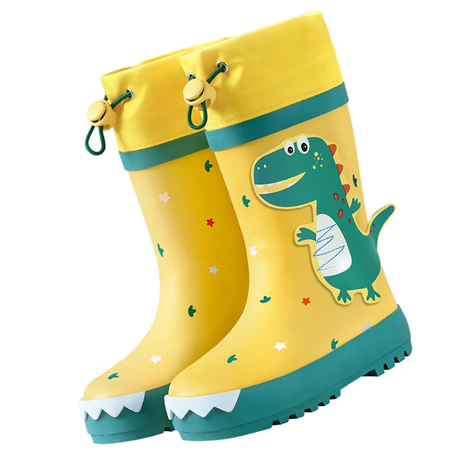 Kids Rain Boots Slip Resistant Cartoon Dinosaur Waterproof Rubber Children Tall Rain Shoes for Boys Girls Yellow and Green Dinos