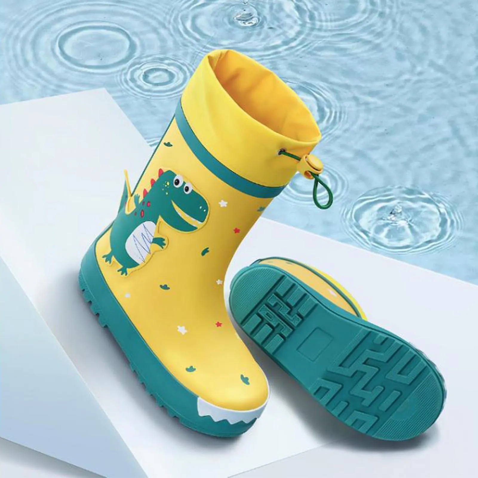 Kids Rain Boots Slip Resistant Cartoon Dinosaur Waterproof Rubber Children Tall Rain Shoes for Boys Girls Yellow and Green Dinos