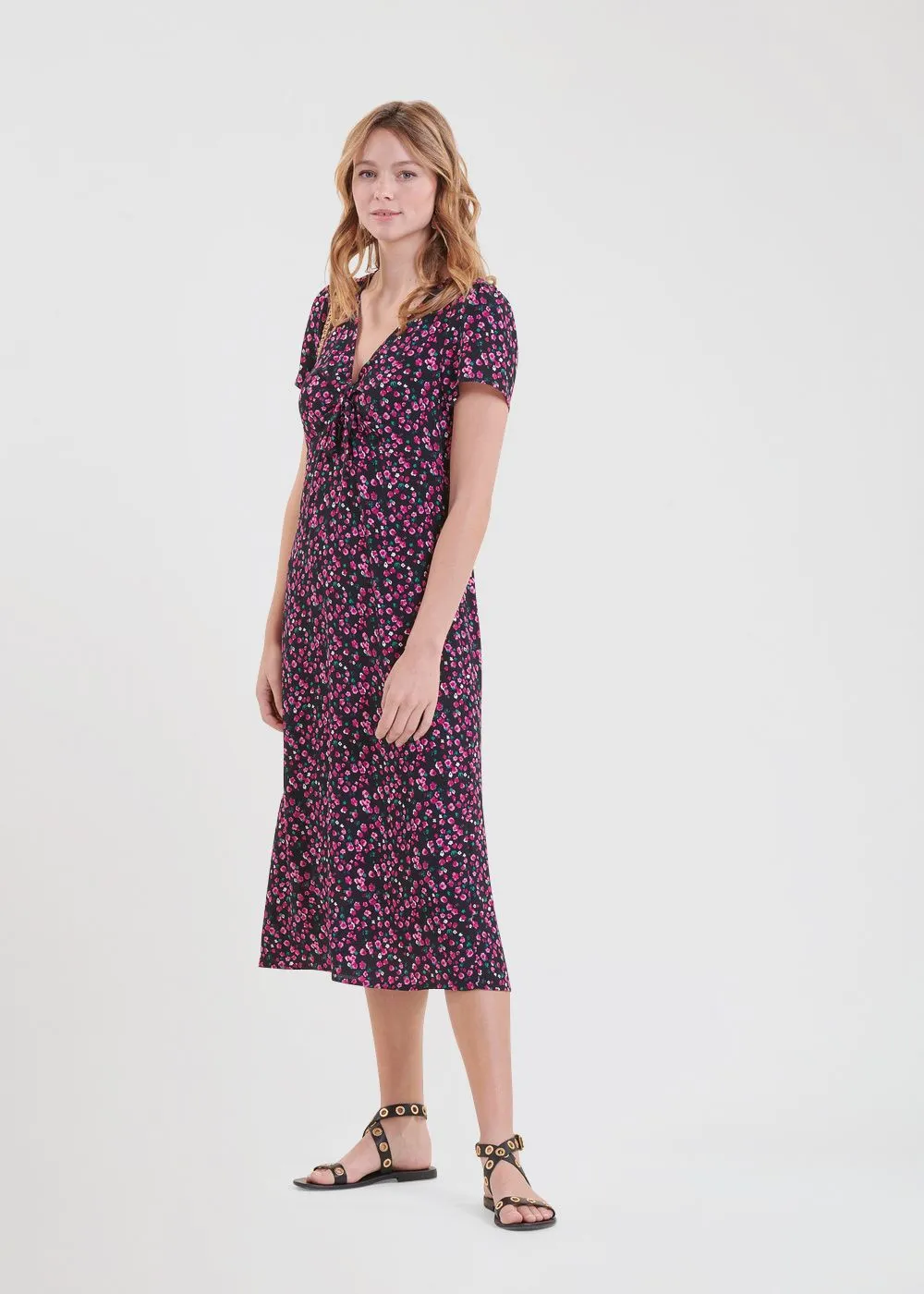 LA FEE MARABOUTEE Vestido midi recto con cuello de pico y estampado en negro