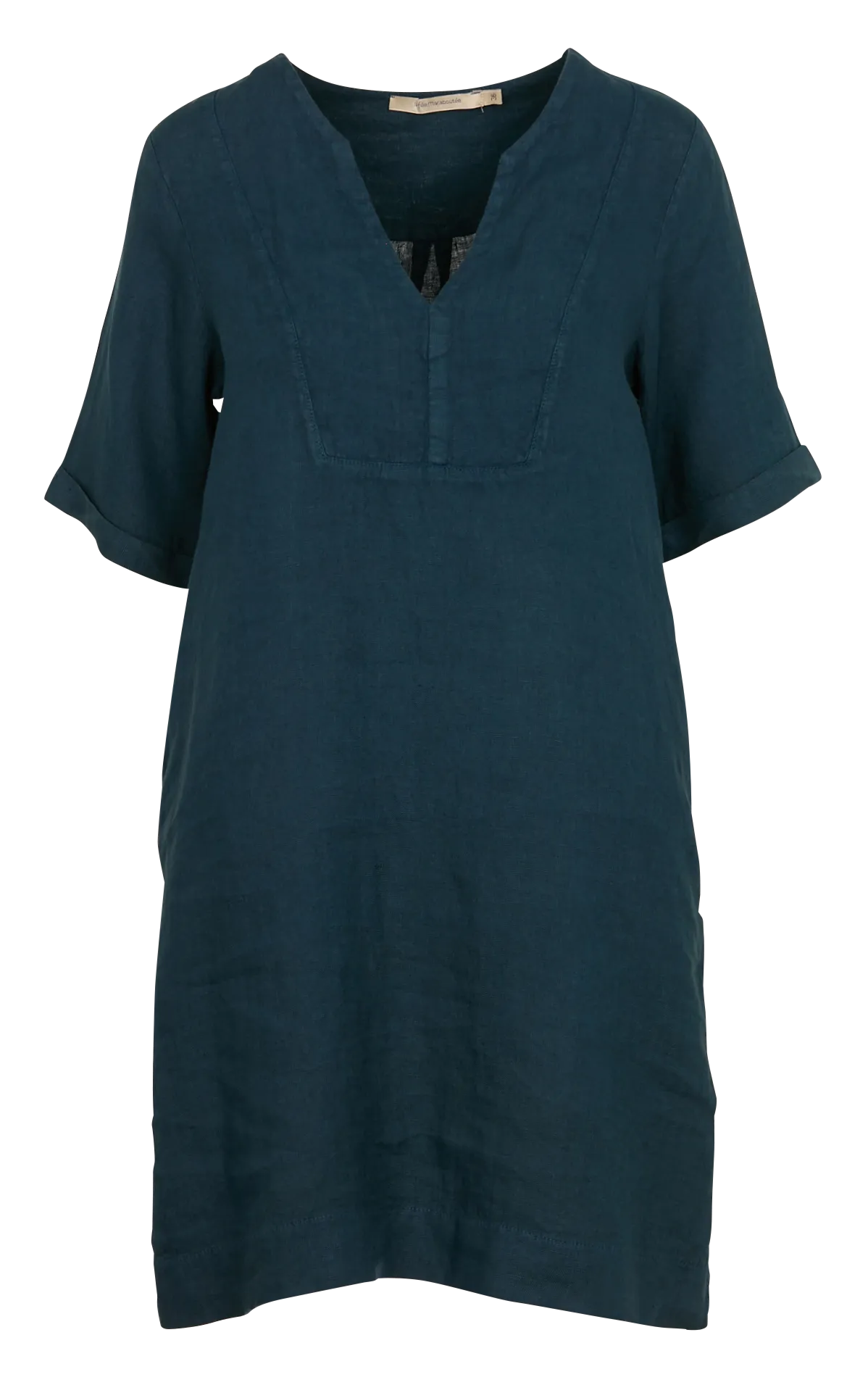 LA FEE MARABOUTEE Vestido recto de lino con cuello de pico en azul