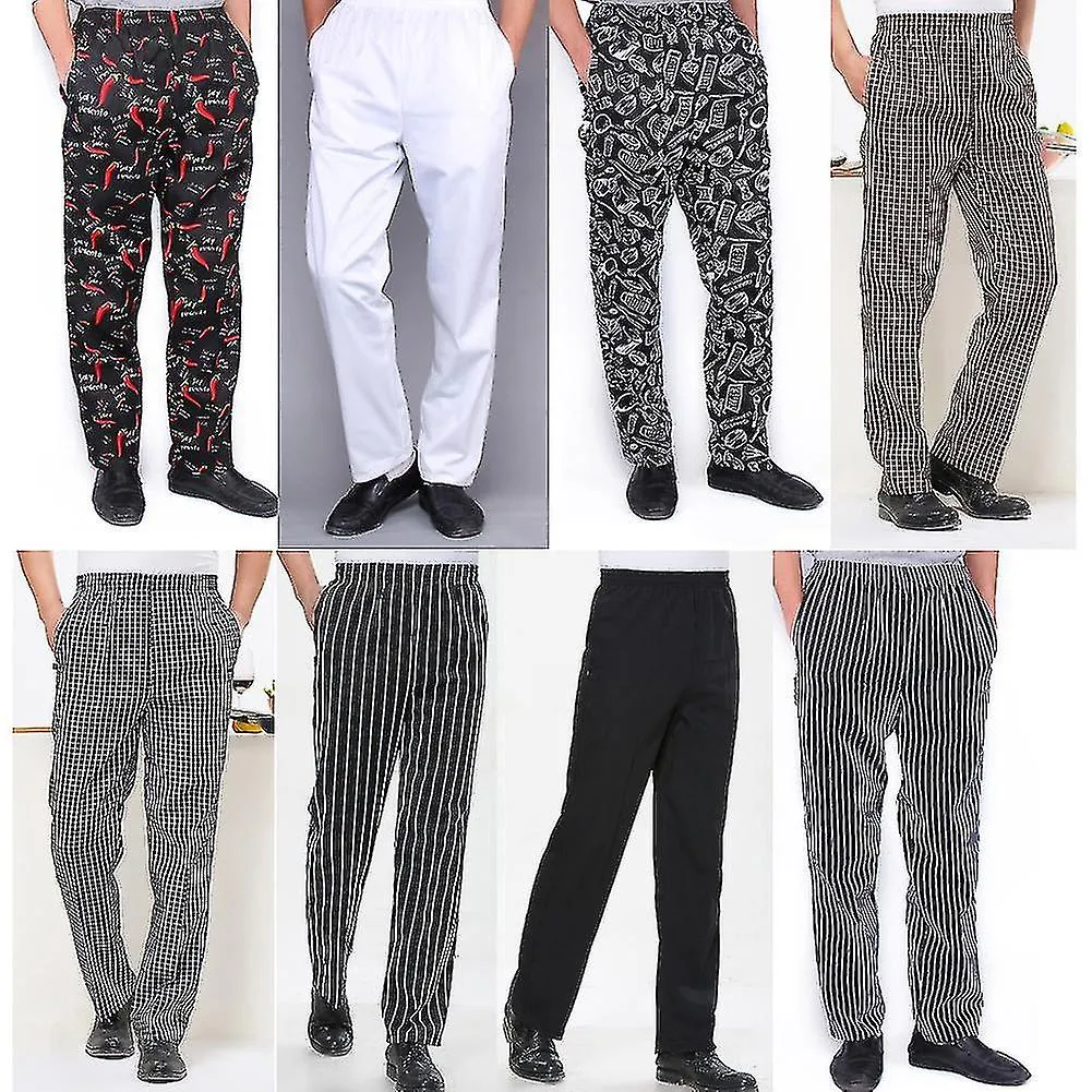 Men Stripe Plaid Chili Printed Hotel Restaurant Kitchen Chef Work Long Pants