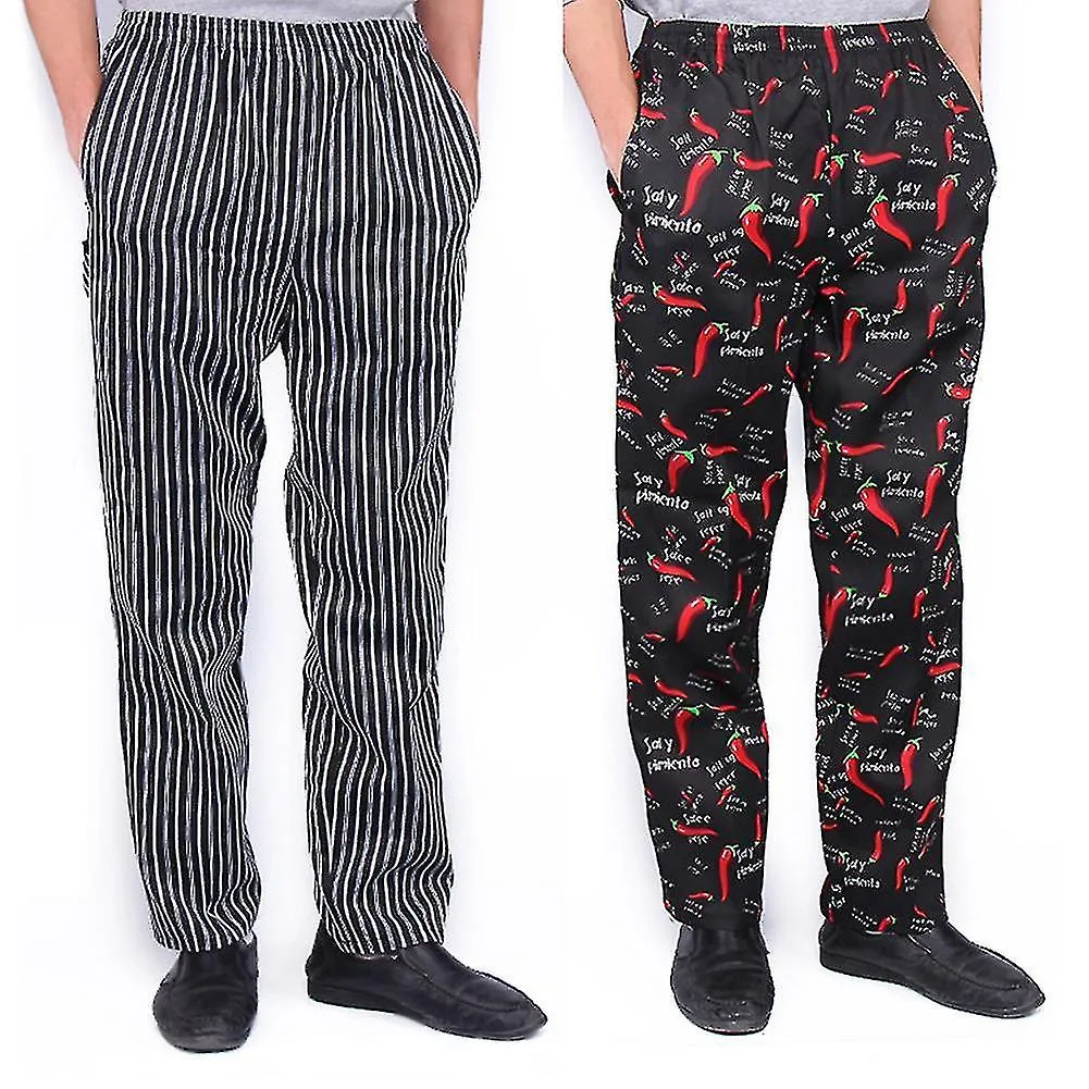 Men Stripe Plaid Chili Printed Hotel Restaurant Kitchen Chef Work Long Pants