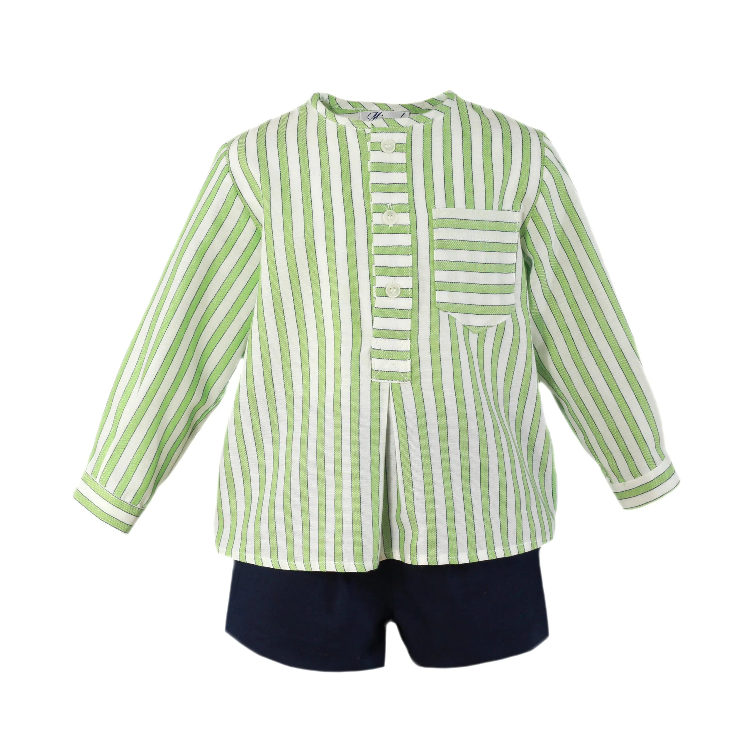 Set for boy. Shirt and pants. Green and navy stripes