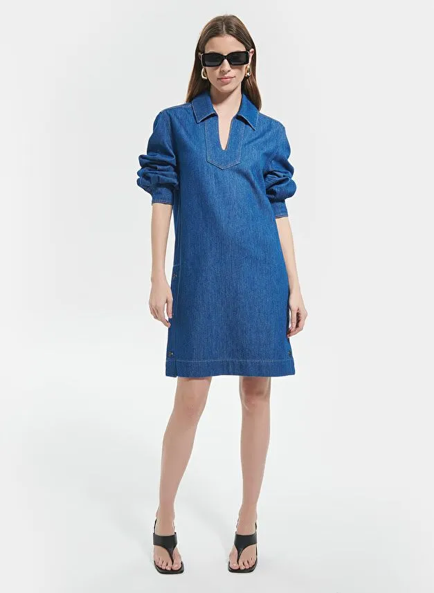 ZAPA REALITY - Vestido corto con cuello de camisa en denim en azul