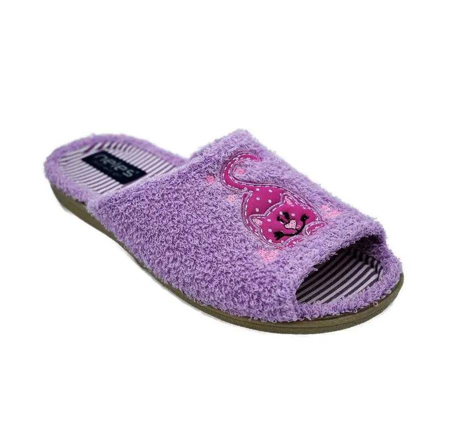 ZAPATILLA CÓMODA Y FRESCA BORDADO GATO PANTUFLA PALA RIZO LILA